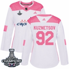 Women's Adidas Washington Capitals #92 Evgeny Kuznetsov Authentic White Pink Fashion 2018 Stanley Cup Final Champions NHL Jersey