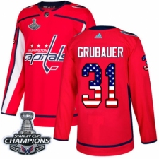 Men's Adidas Washington Capitals #31 Philipp Grubauer Authentic Red USA Flag Fashion 2018 Stanley Cup Final Champions NHL Jersey