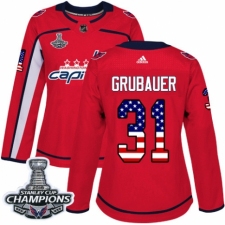 Women's Adidas Washington Capitals #31 Philipp Grubauer Authentic Red USA Flag Fashion 2018 Stanley Cup Final Champions NHL Jersey