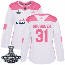 Women's Adidas Washington Capitals #31 Philipp Grubauer Authentic White Pink Fashion 2018 Stanley Cup Final Champions NHL Jersey