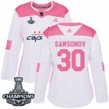 Women's Adidas Washington Capitals #30 Ilya Samsonov Authentic White Pink Fashion 2018 Stanley Cup Final Champions NHL Jersey