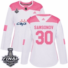Women's Adidas Washington Capitals #30 Ilya Samsonov Authentic White/Pink Fashion 2018 Stanley Cup Final NHL Jersey