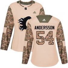 Women's Adidas Calgary Flames #54 Rasmus Andersson Authentic Camo Veterans Day Practice NHL Jersey