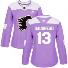 Women's Reebok Calgary Flames #13 Johnny Gaudreau Authentic Purple Fights Cancer Practice NHL Jersey