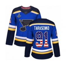 Women's St. Louis Blues #91 Vladimir Tarasenko Authentic Blue USA Flag Fashion 2019 Stanley Cup Champions Hockey Jersey