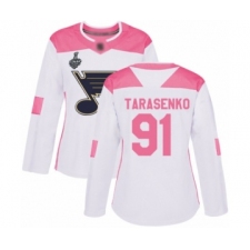 Women's St. Louis Blues #91 Vladimir Tarasenko Authentic White Pink Fashion 2019 Stanley Cup Final Bound Hockey Jersey