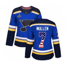 Women's St. Louis Blues #7 Joe Mullen Authentic Blue USA Flag Fashion 2019 Stanley Cup Champions Hockey Jersey