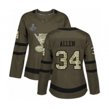 Women's St. Louis Blues #34 Jake Allen Authentic Green Salute to Service 2019 Stanley Cup Champions Hockey Jersey