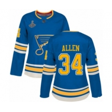 Women's St. Louis Blues #34 Jake Allen Authentic Navy Blue Alternate 2019 Stanley Cup Champions Hockey Jersey