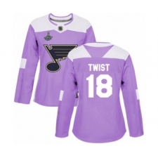 Women's St. Louis Blues #18 Tony Twist Authentic Purple Fights Cancer Practice 2019 Stanley Cup Champions Hockey Jersey