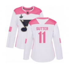 Women's St. Louis Blues #11 Brian Sutter Authentic White Pink Fashion 2019 Stanley Cup Champions Hockey Jersey