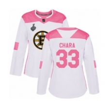 Women's Boston Bruins #33 Zdeno Chara Authentic White Pink Fashion 2019 Stanley Cup Final Bound Hockey Jersey