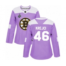 Women's Boston Bruins #46 David Krejci Authentic Purple Fights Cancer Practice 2019 Stanley Cup Final Bound Hockey Jersey