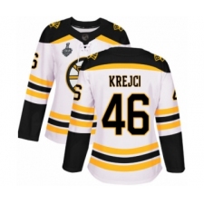 Women's Boston Bruins #46 David Krejci Authentic White Away 2019 Stanley Cup Final Bound Hockey Jersey