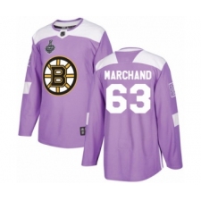 Men's Boston Bruins #63 Brad Marchand Authentic Purple Fights Cancer Practice 2019 Stanley Cup Final Bound Hockey Jersey