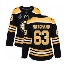 Women's Boston Bruins #63 Brad Marchand Authentic Black Home 2019 Stanley Cup Final Bound Hockey Jersey