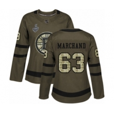 Women's Boston Bruins #63 Brad Marchand Authentic Green Salute to Service 2019 Stanley Cup Final Bound Hockey Jersey