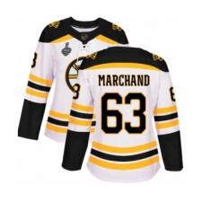 Women's Boston Bruins #63 Brad Marchand Authentic White Away 2019 Stanley Cup Final Bound Hockey Jersey