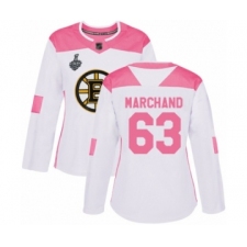 Women's Boston Bruins #63 Brad Marchand Authentic White Pink Fashion 2019 Stanley Cup Final Bound Hockey Jersey