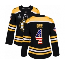 Women's Boston Bruins #4 Bobby Orr Authentic Black USA Flag Fashion 2019 Stanley Cup Final Bound Hockey Jersey