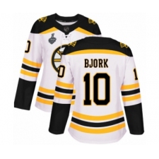 Women's Boston Bruins #10 Anders Bjork Authentic White Away 2019 Stanley Cup Final Bound Hockey Jersey