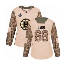 Women's Boston Bruins #68 Jaromir Jagr Authentic Camo Veterans Day Practice 2019 Stanley Cup Final Bound Hockey Jersey