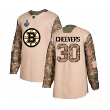 Men's Boston Bruins #30 Gerry Cheevers Authentic Camo Veterans Day Practice 2019 Stanley Cup Final Bound Hockey Jersey
