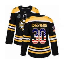 Women's Boston Bruins #30 Gerry Cheevers Authentic Black USA Flag Fashion 2019 Stanley Cup Final Bound Hockey Jersey