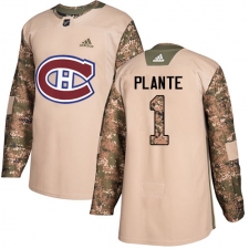 Men's Adidas Montreal Canadiens #1 Jacques Plante Authentic Camo Veterans Day Practice NHL Jersey