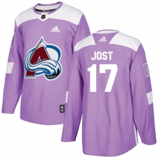 Men's Adidas Colorado Avalanche #17 Tyson Jost Authentic Purple Fights Cancer Practice NHL Jersey