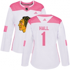 Women's Adidas Chicago Blackhawks #1 Glenn Hall Authentic White/Pink Fashion NHL Jersey