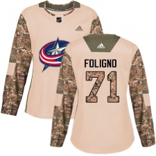 Women's Adidas Columbus Blue Jackets #71 Nick Foligno Authentic Camo Veterans Day Practice NHL Jersey