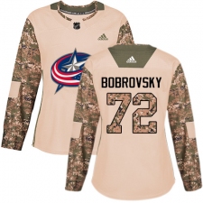 Women's Adidas Columbus Blue Jackets #72 Sergei Bobrovsky Authentic Camo Veterans Day Practice NHL Jersey
