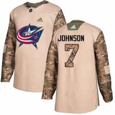 Men's Adidas Columbus Blue Jackets #7 Jack Johnson Authentic Camo Veterans Day Practice NHL Jersey