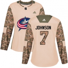 Women's Adidas Columbus Blue Jackets #7 Jack Johnson Authentic Camo Veterans Day Practice NHL Jersey