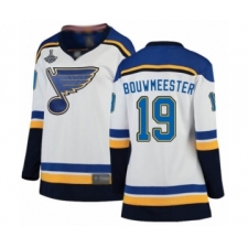 Women's St. Louis Blues #19 Jay Bouwmeester Fanatics Branded White Away Breakaway 2019 Stanley Cup Champions Hockey Jersey