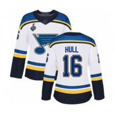 Women's St. Louis Blues #16 Brett Hull Authentic White Away 2019 Stanley Cup Final Bound Hockey Jersey