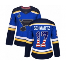 Women's St. Louis Blues #17 Jaden Schwartz Authentic Blue USA Flag Fashion 2019 Stanley Cup Final Bound Hockey Jersey