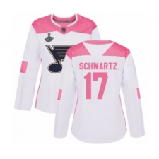Women's St. Louis Blues #17 Jaden Schwartz Authentic White Pink Fashion 2019 Stanley Cup Champions Hockey Jersey