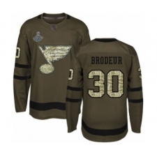 Men's St. Louis Blues #30 Martin Brodeur Authentic Green Salute to Service 2019 Stanley Cup Champions Hockey Jersey