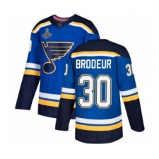 Men's St. Louis Blues #30 Martin Brodeur Authentic Royal Blue Home 2019 Stanley Cup Champions Hockey Jersey