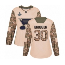 Women's St. Louis Blues #30 Martin Brodeur Authentic Camo Veterans Day Practice 2019 Stanley Cup Champions Hockey Jersey