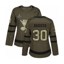 Women's St. Louis Blues #30 Martin Brodeur Authentic Green Salute to Service 2019 Stanley Cup Champions Hockey Jersey