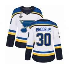 Women's St. Louis Blues #30 Martin Brodeur Authentic White Away 2019 Stanley Cup Champions Hockey Jersey