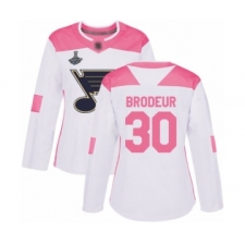 Women's St. Louis Blues #30 Martin Brodeur Authentic White Pink Fashion 2019 Stanley Cup Champions Hockey Jersey
