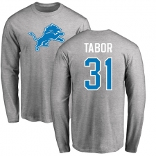 NFL Nike Detroit Lions #31 Teez Tabor Ash Name & Number Logo Long Sleeve T-Shirt