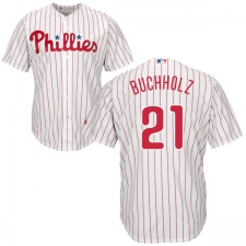 Men's Majestic Philadelphia Phillies #21 Clay Buchholz Replica White/Red Strip Home Cool Base MLB Jersey