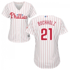 Women's Majestic Philadelphia Phillies #21 Clay Buchholz Authentic White/Red Strip Home Cool Base MLB Jersey