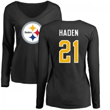 NFL Women's Nike Pittsburgh Steelers #21 Joe Haden Black Name & Number Logo Slim Fit Long Sleeve T-Shirt