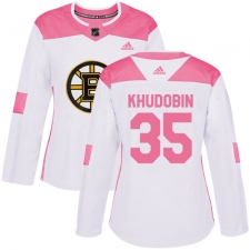 Women's Adidas Boston Bruins #35 Anton Khudobin Authentic White/Pink Fashion NHL Jersey
